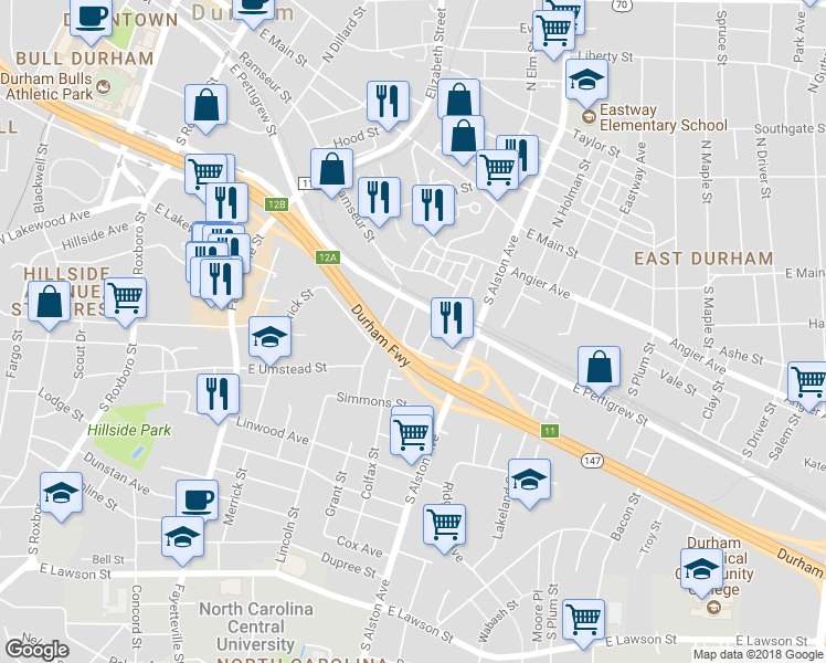map of restaurants, bars, coffee shops, grocery stores, and more near 909 Gillette Avenue in Durham