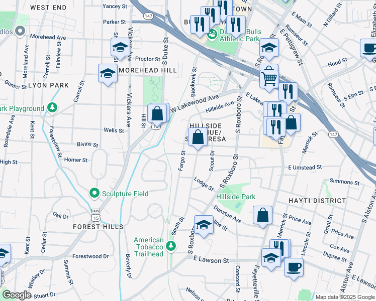 map of restaurants, bars, coffee shops, grocery stores, and more near 301 West Enterprise Street in Durham