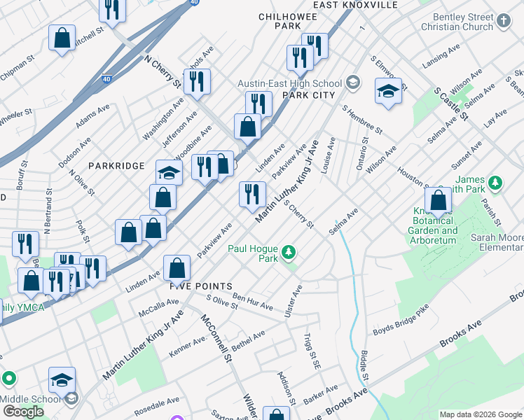 map of restaurants, bars, coffee shops, grocery stores, and more near 2515 Martin Luther King Junior Avenue in Knoxville