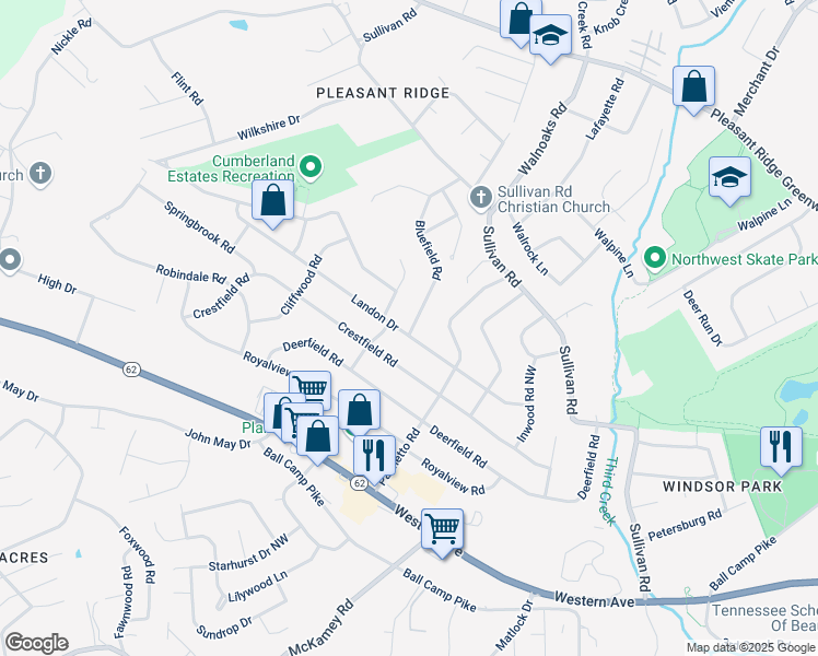 map of restaurants, bars, coffee shops, grocery stores, and more near 4312 Landon Drive in Knoxville