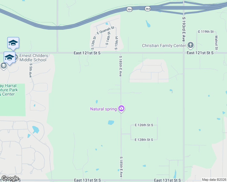 map of restaurants, bars, coffee shops, grocery stores, and more near 12426 South 185th East Avenue in Broken Arrow