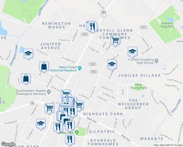 map of restaurants, bars, coffee shops, grocery stores, and more near 308 E Juniper Ave in Wake Forest