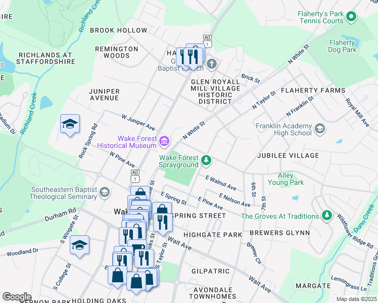 map of restaurants, bars, coffee shops, grocery stores, and more near 308 East Juniper Avenue in Wake Forest