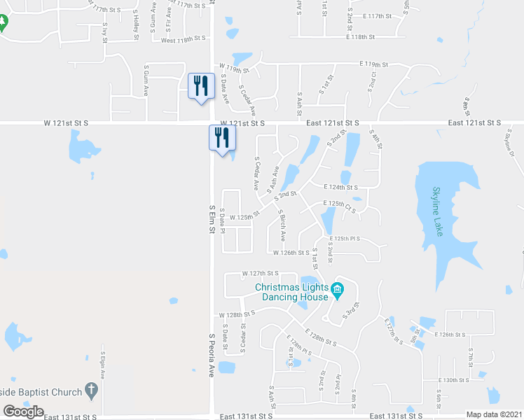 map of restaurants, bars, coffee shops, grocery stores, and more near West 125th Street South in Jenks