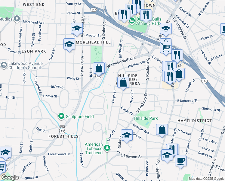 map of restaurants, bars, coffee shops, grocery stores, and more near 304 West Enterprise Street in Durham