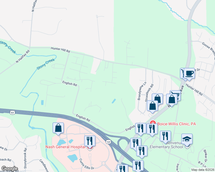 map of restaurants, bars, coffee shops, grocery stores, and more near 105 Red Maple Court in Rocky Mount