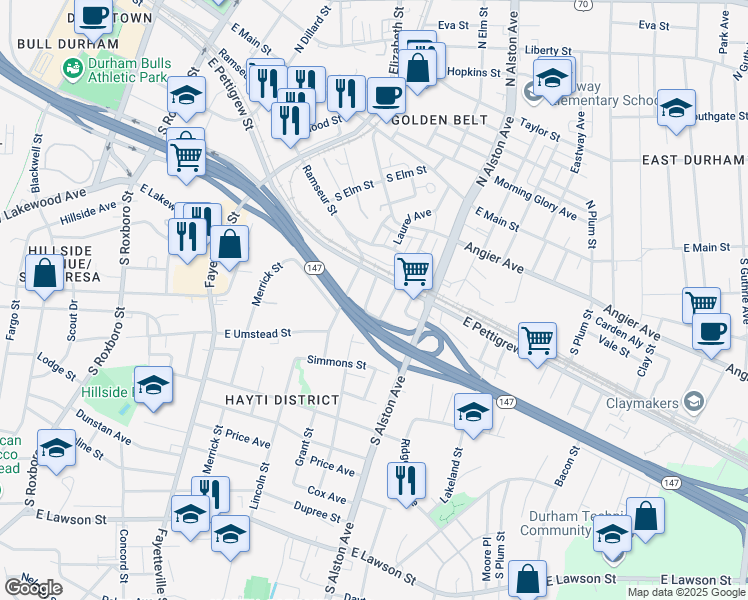 map of restaurants, bars, coffee shops, grocery stores, and more near 513 Colfax Street in Durham
