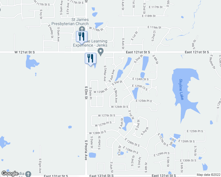 map of restaurants, bars, coffee shops, grocery stores, and more near 318 West 125th Street South in Jenks