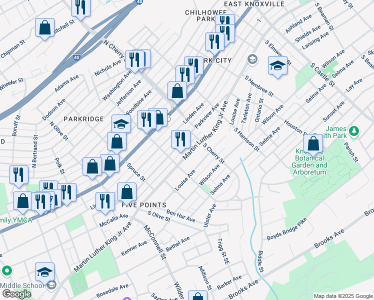 map of restaurants, bars, coffee shops, grocery stores, and more near 2515 Martin Luther King Junior Avenue in Knoxville