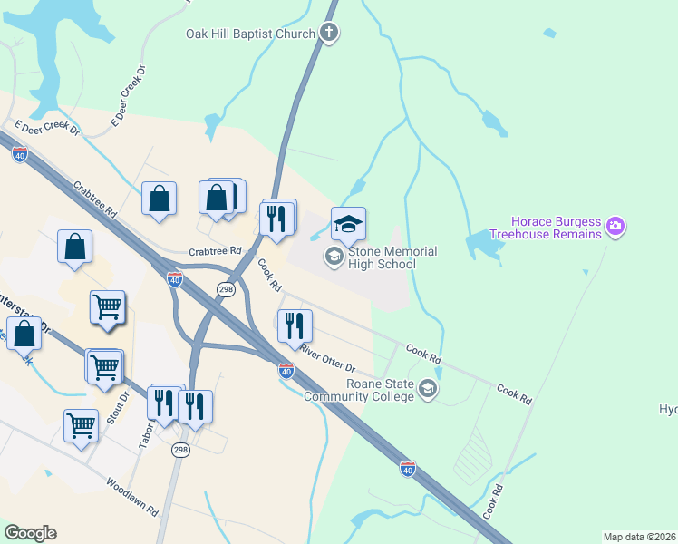 map of restaurants, bars, coffee shops, grocery stores, and more near 2800 Cook Road in Crossville