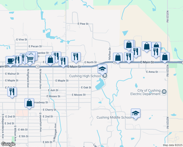 map of restaurants, bars, coffee shops, grocery stores, and more near 1700 East Walnut Street in Cushing