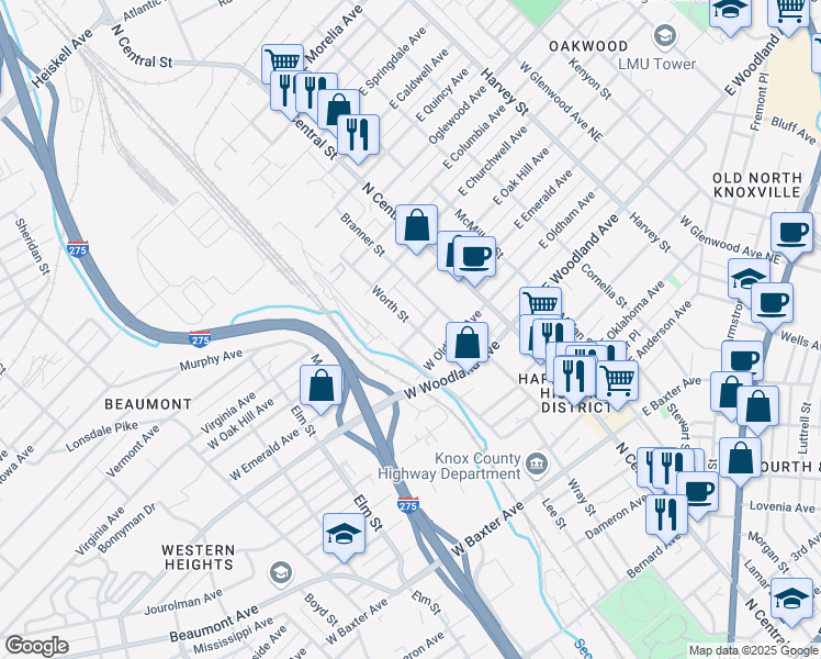 map of restaurants, bars, coffee shops, grocery stores, and more near 1703 Worth Street in Knoxville