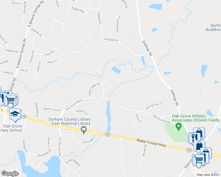 map of restaurants, bars, coffee shops, grocery stores, and more near 8 Epping Court in Durham