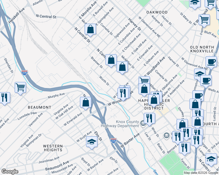 map of restaurants, bars, coffee shops, grocery stores, and more near 1703 Worth Street in Knoxville