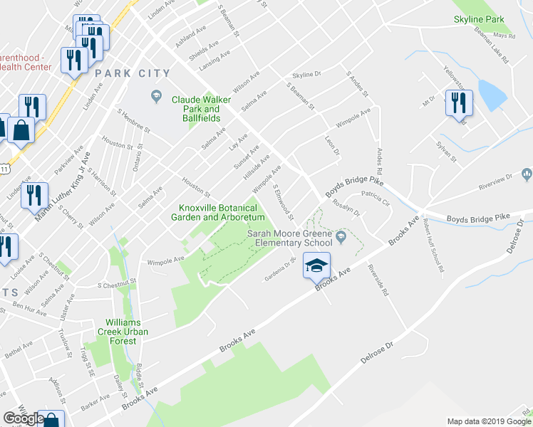 map of restaurants, bars, coffee shops, grocery stores, and more near 1001 Parish Street in Knoxville