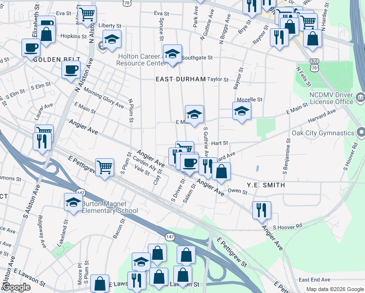 map of restaurants, bars, coffee shops, grocery stores, and more near 207 South Driver Street in Durham