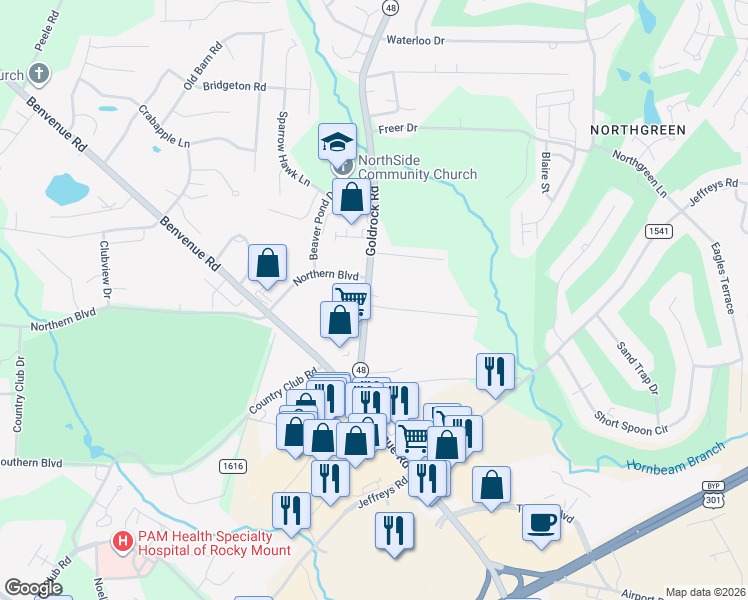 map of restaurants, bars, coffee shops, grocery stores, and more near 1289 Katherine Trail in Rocky Mount