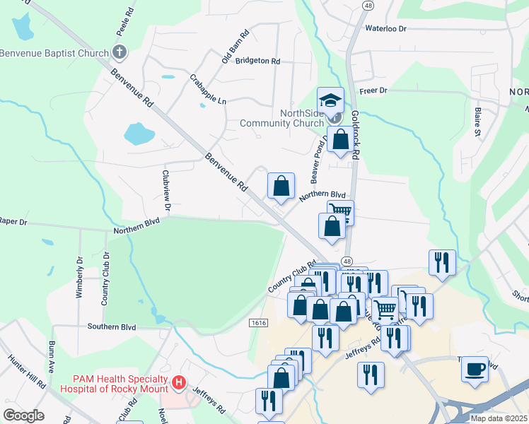 map of restaurants, bars, coffee shops, grocery stores, and more near 1563-1699 Northern Boulevard in Rocky Mount