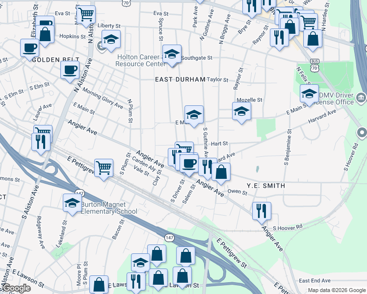 map of restaurants, bars, coffee shops, grocery stores, and more near 207 South Driver Street in Durham