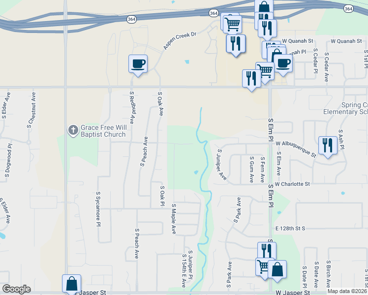 map of restaurants, bars, coffee shops, grocery stores, and more near 1401 West Albuquerque Street in Broken Arrow