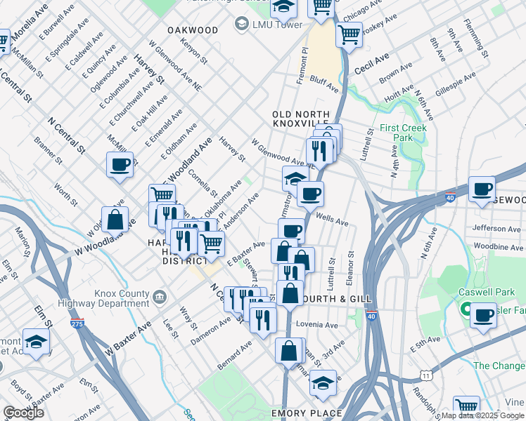 map of restaurants, bars, coffee shops, grocery stores, and more near 1171 Armstrong Avenue in Knoxville