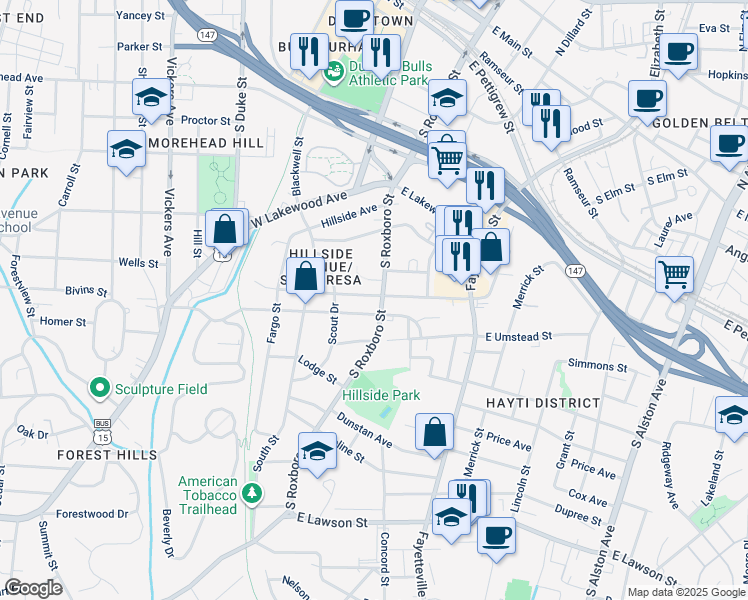 map of restaurants, bars, coffee shops, grocery stores, and more near 120 East Piedmont Avenue in Durham