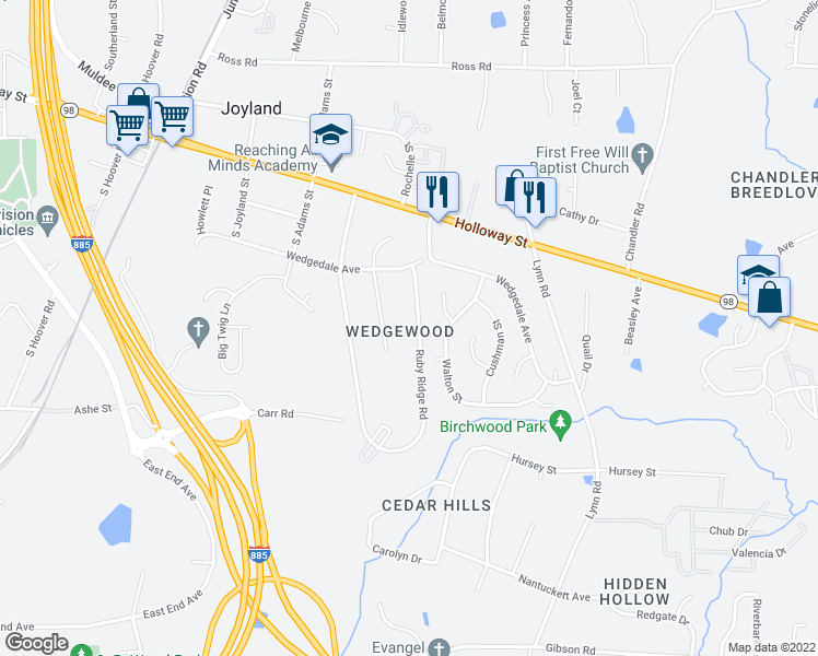 map of restaurants, bars, coffee shops, grocery stores, and more near 223 Hickory Glen Lane in Durham