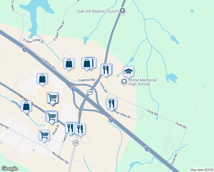 map of restaurants, bars, coffee shops, grocery stores, and more near 3028 Cook Road in Crossville