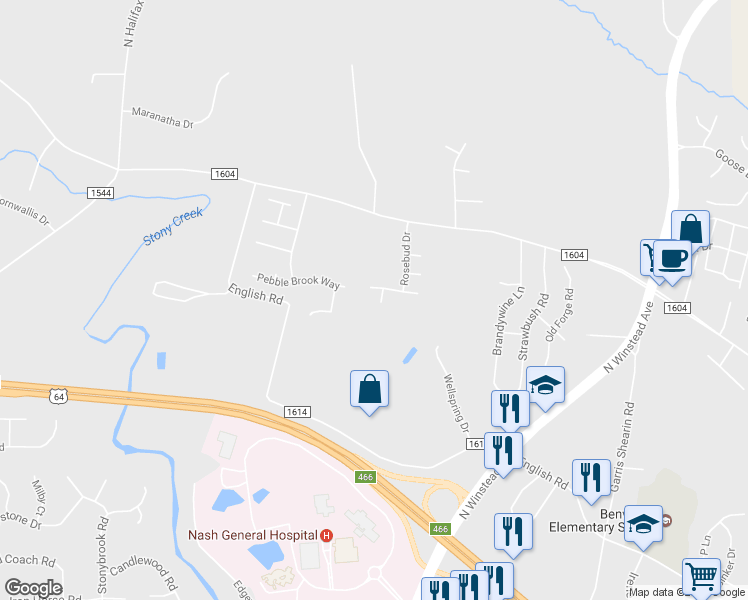 map of restaurants, bars, coffee shops, grocery stores, and more near 104 Red Maple Court in Rocky Mount