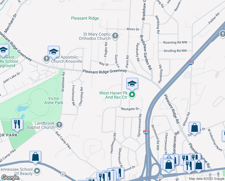 map of restaurants, bars, coffee shops, grocery stores, and more near 4621 Baverton Drive in Knoxville