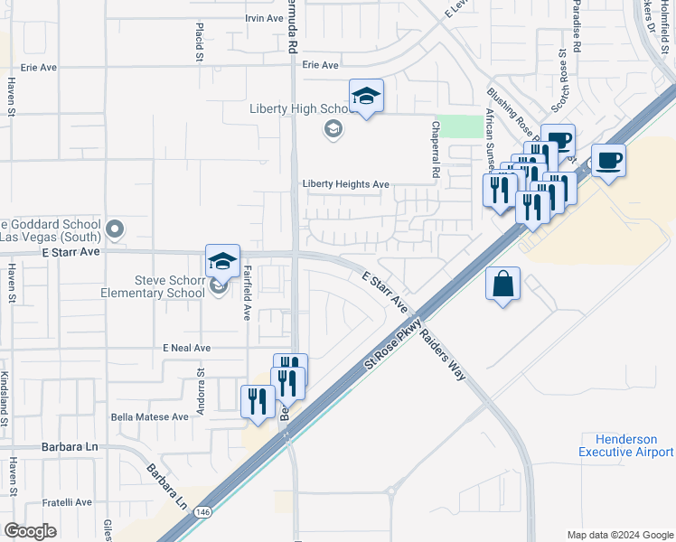 map of restaurants, bars, coffee shops, grocery stores, and more near 3762 Neblina Drive in Henderson