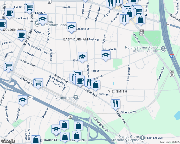 map of restaurants, bars, coffee shops, grocery stores, and more near 201 South Guthrie Avenue in Durham