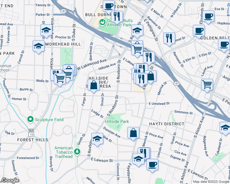 map of restaurants, bars, coffee shops, grocery stores, and more near 120 East Piedmont Avenue in Durham