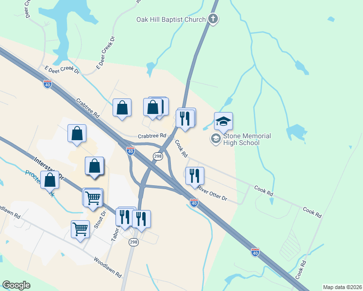 map of restaurants, bars, coffee shops, grocery stores, and more near 3028 Cook Road in Crossville