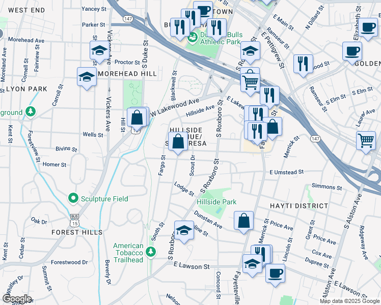 map of restaurants, bars, coffee shops, grocery stores, and more near 101 West Piedmont Avenue in Durham