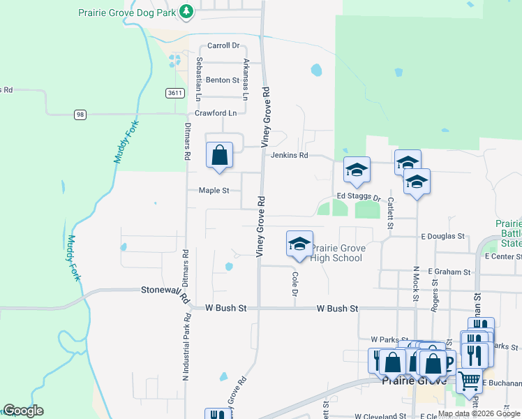 map of restaurants, bars, coffee shops, grocery stores, and more near 480 Prairie Oaks Drive in Prairie Grove