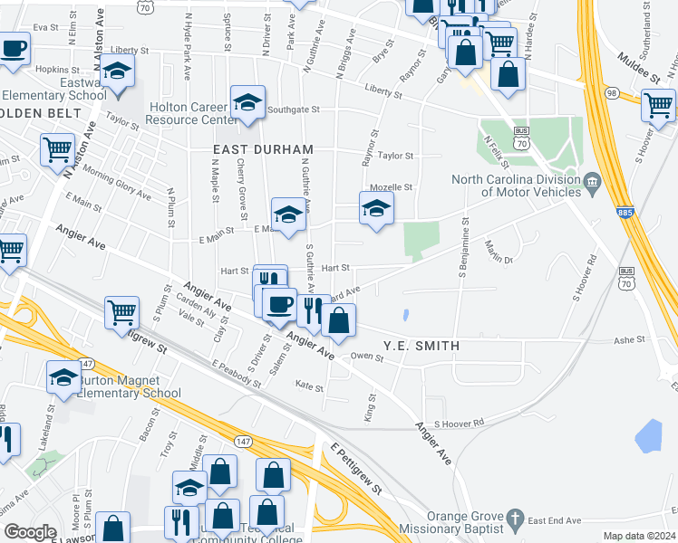 map of restaurants, bars, coffee shops, grocery stores, and more near 2304 Hart Street in Durham