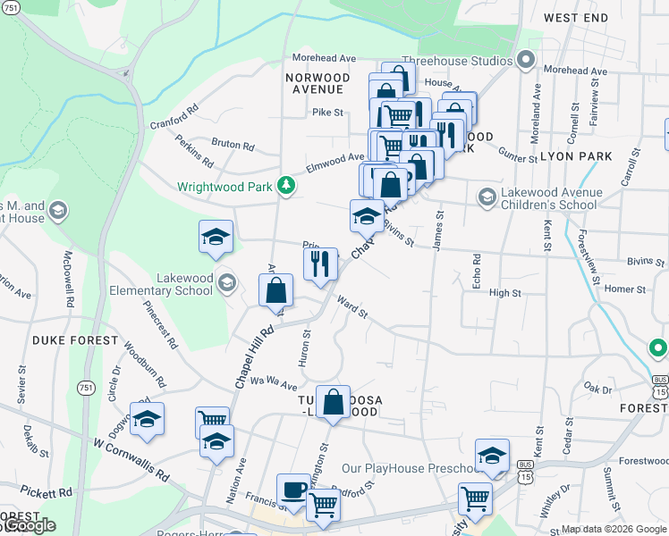 map of restaurants, bars, coffee shops, grocery stores, and more near 2211 Chapel Hill Road in Durham