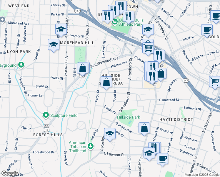 map of restaurants, bars, coffee shops, grocery stores, and more near 111 West Piedmont Avenue in Durham