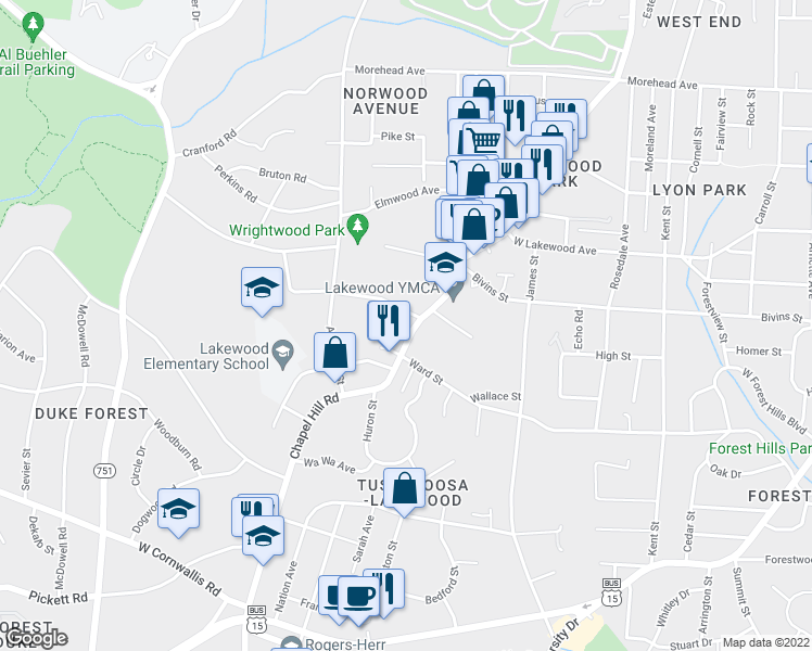 map of restaurants, bars, coffee shops, grocery stores, and more near 2211 Chapel Hill Road in Durham