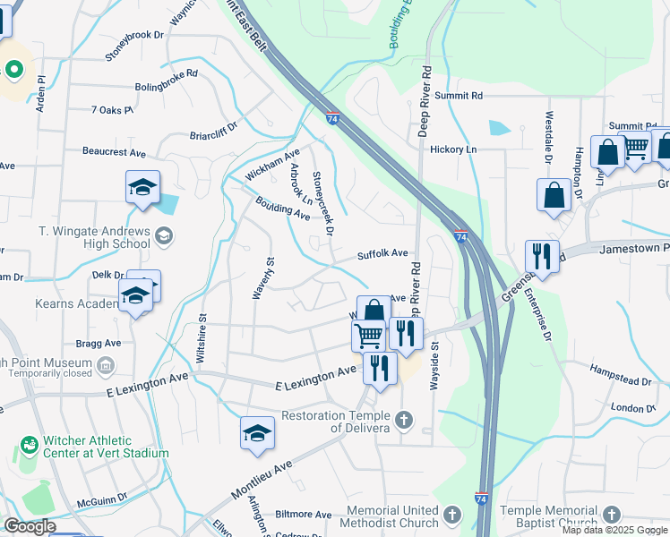 map of restaurants, bars, coffee shops, grocery stores, and more near 2522 Suffolk Avenue in High Point