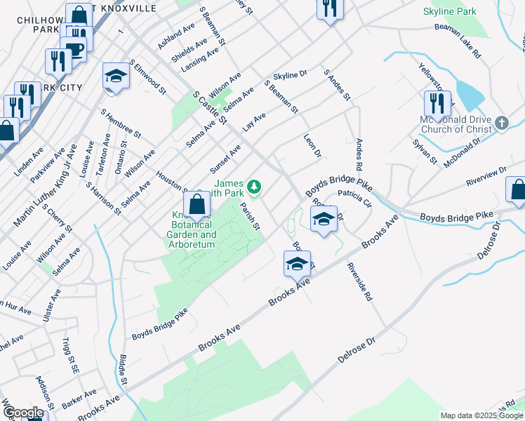 map of restaurants, bars, coffee shops, grocery stores, and more near 1130 Parish Street in Knoxville