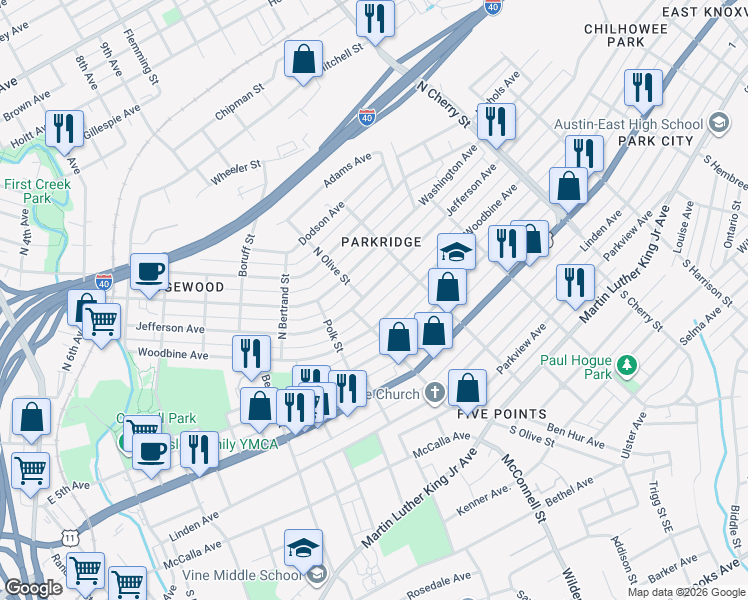 map of restaurants, bars, coffee shops, grocery stores, and more near 2301 Woodbine Avenue in Knoxville