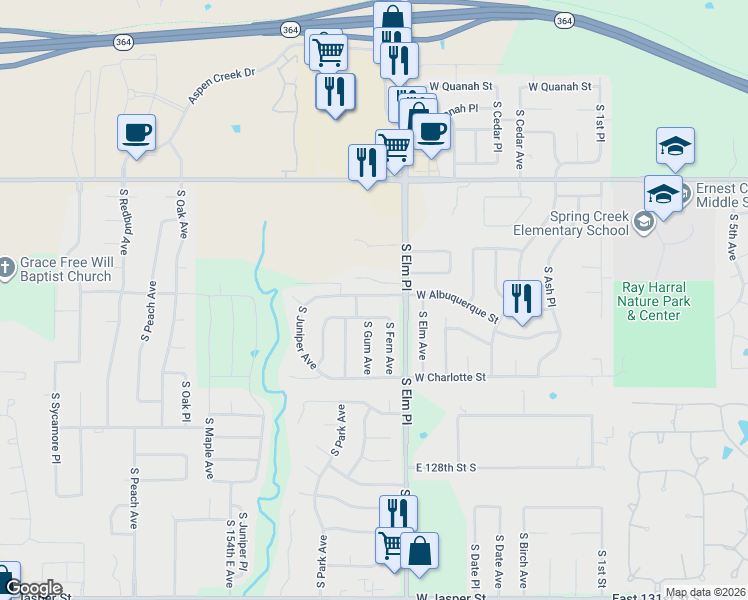 map of restaurants, bars, coffee shops, grocery stores, and more near 805 West Baton Rouge Street in Broken Arrow
