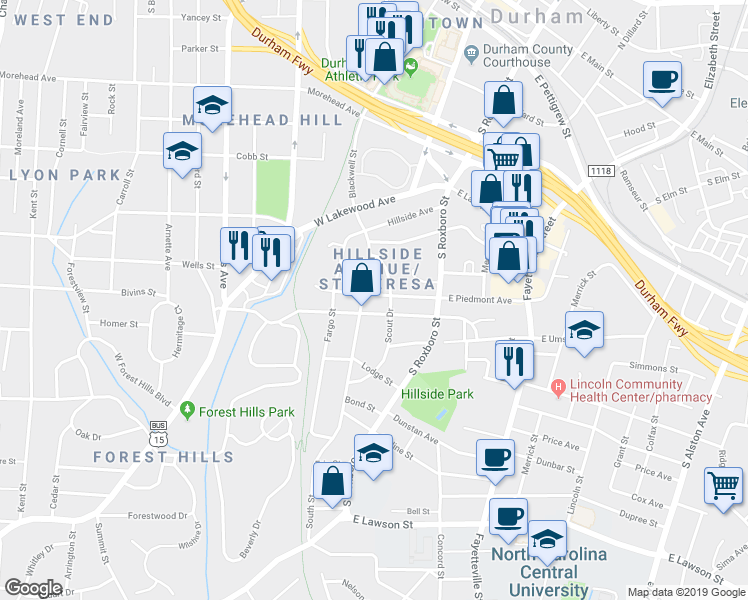 map of restaurants, bars, coffee shops, grocery stores, and more near 111 West Piedmont Avenue in Durham