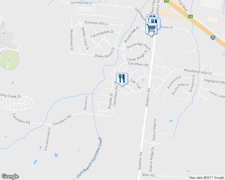 map of restaurants, bars, coffee shops, grocery stores, and more near 134 Washer Drive in La Vergne