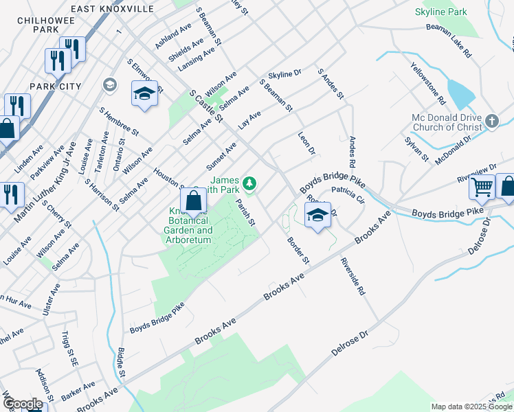 map of restaurants, bars, coffee shops, grocery stores, and more near 1130 Parish Street in Knoxville