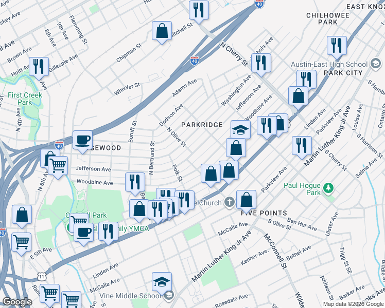 map of restaurants, bars, coffee shops, grocery stores, and more near Jefferson Avenue in Knoxville