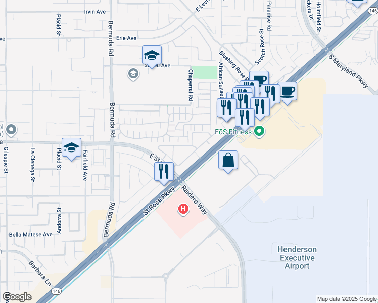 map of restaurants, bars, coffee shops, grocery stores, and more near 3660 Saint Rose Parkway in Henderson