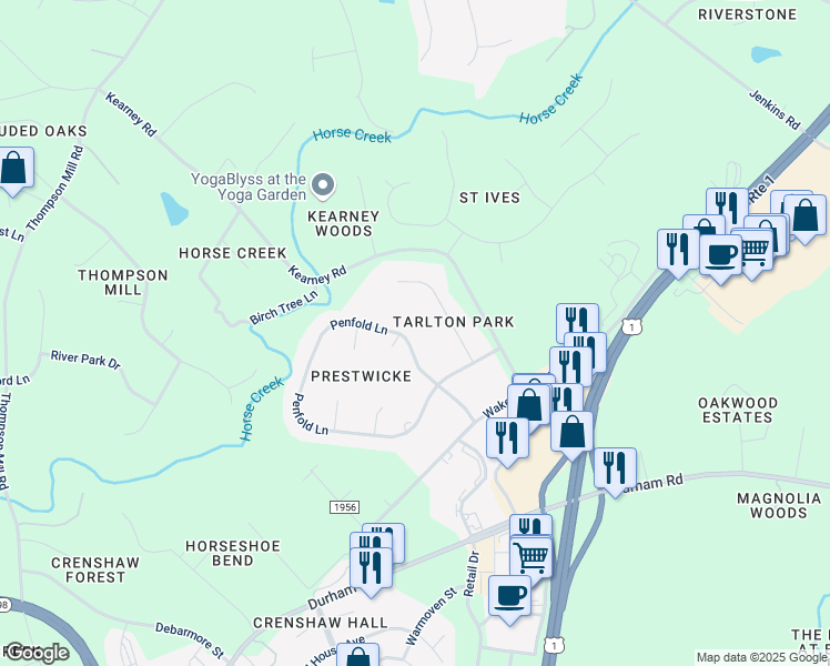 map of restaurants, bars, coffee shops, grocery stores, and more near 2905 Penfold Lane in Wake Forest